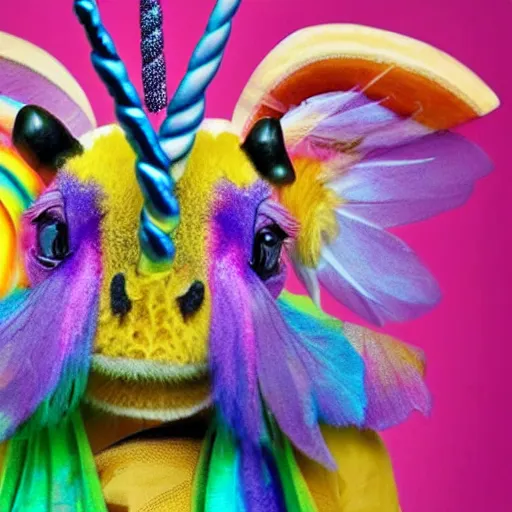 Image similar to photo of a hybrid between a bee and a rainbow unicorn