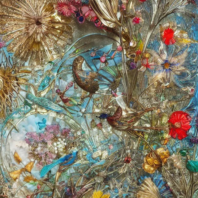 Prompt: birds and flowers, from glass, by ernst haeckel, james jean, el anatsui, mandy jurgens