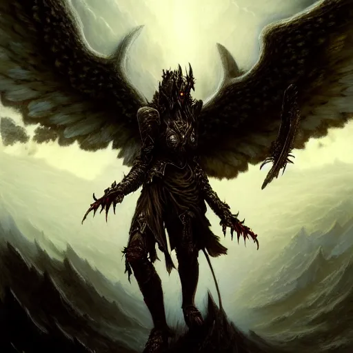 Image similar to painting of a fallen angel paladin with big burnt wings reaching the summit of a haunted mountain, sharp focus, award - winning, trending on artstation, masterpiece, highly detailed, intricate. art by seb mckinnon