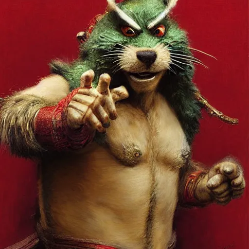 Image similar to a portrait of a furry splinter from tmnt wearing a red kimono, hairy, furry body, furry arms, feet, tail. highly detailed painting by gaston bussiere, craig mullins, j. c. leyendecker, furry