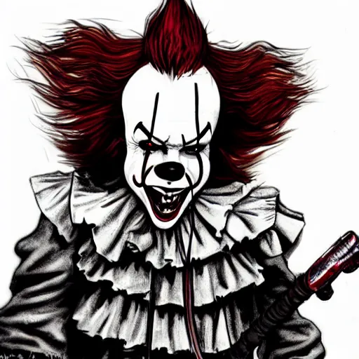 Prompt: grunge drawing of pennywise in the style of mad max | horror themed | loony toons style