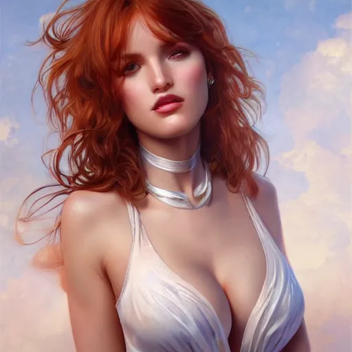 Image similar to ultra realistic illustration, bella thorne, flirtatious, tease, intricate, elegant, highly detailed, digital painting, artstation, concept art, smooth, sharp focus, illustration, art by artgerm and greg rutkowski and alphonse mucha