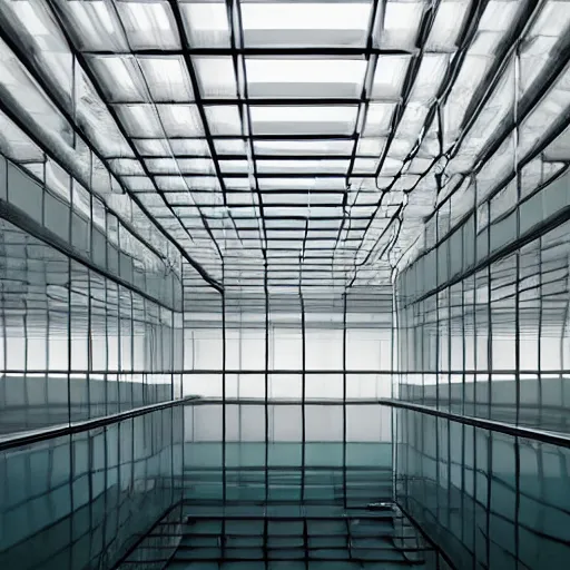 Prompt: upholstered sofas, fluorescent ceiling lighting, rectangular water pond!, a large minimalistic concrete rectangular! room! windowless!, a tilt shift photo by leandro erlich, featured on cg society, kitsch movement, hall of mirrors, high dynamic range, studio portrait