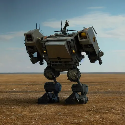 Prompt: a prototype military mech standing in a airfield being tested in the style of cassette futurism concept art Photorealistic HD 8k highlights and shadow detailed High Resolution detailed in color