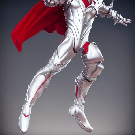 Image similar to cinematic full body shot of a male angel flying, white metallic armor, red cape, elegant pose, detailed arms, detailed white armor, two arms, two legs, detailed fanart, macro art, realistic digital art, DeviantArt, artstation, 3D realistic, 8k HD, octane render