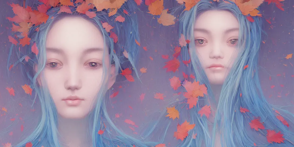 Image similar to breathtaking detailed concept art painting pattern with pastel colors of blue hair faces goddesses amalgamation autumn leaves, by hsiao - ron cheng and james jean, bizarre compositions, exquisite detail, 8 k