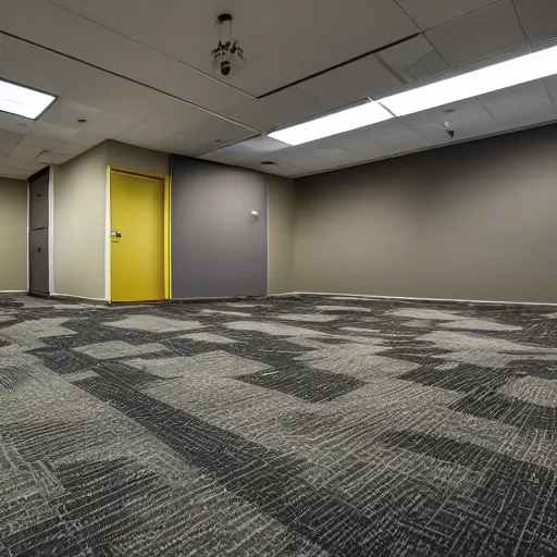 Prompt: photo of a scary shadowy monster in the backrooms, mono - yellow old moist carpet randomly connected infinite empty office space