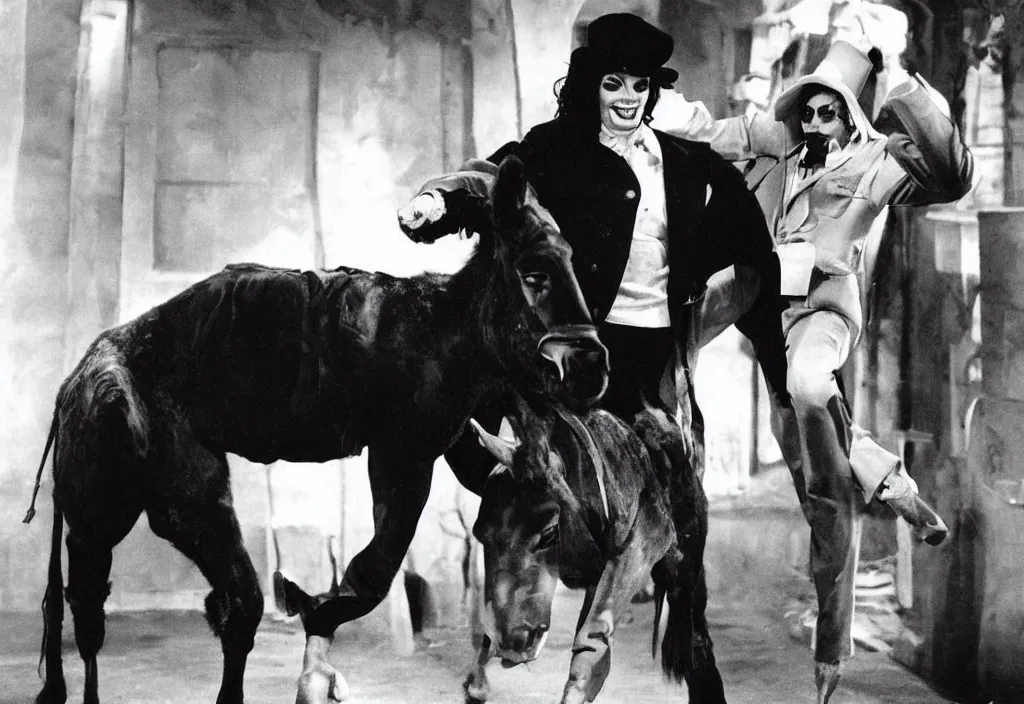Image similar to michael jackson as a 1 9 5 0 s vampire riding a donkey