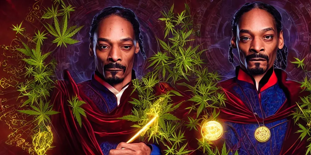 Image similar to snoop dogg as the doctor strange, marijuana leaves, green light, highly detailed, marvel cinematic universe, mcu, photo