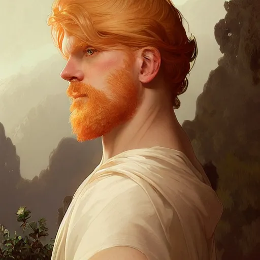 Prompt: beautiful natural middle aged male ginger god wearing a white perizoma, intricate, elegant, highly detailed, digital painting, artstation, concept art, smooth, sharp focus, illustration, art by artgerm and greg rutkowski and alphonse mucha and loish and WLOP