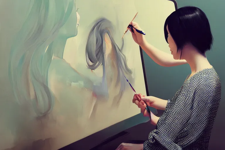 Image similar to beautiful illustration of a female artist painting an artwork on a computer screen by Hsiao-Ron Cheng, trending on art station