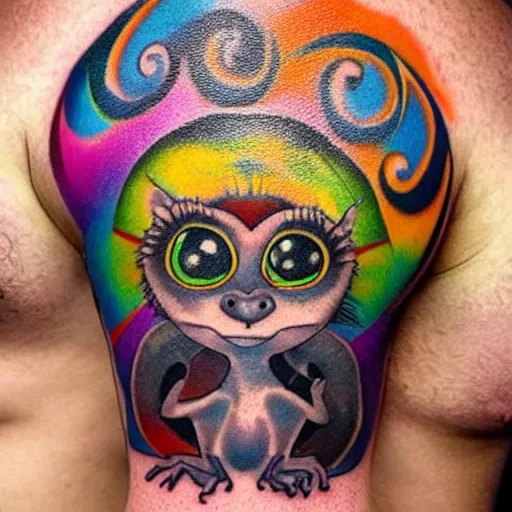 Prompt: shoulder tattoo of a multicolored hallucinating cute bush baby, eyes are rainbow spirals, happy mood, surrounded with colorful magic mushrooms and rainbowcolored marihuana leaves, insanely integrate