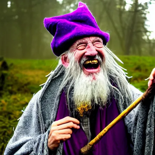 Image similar to a crazy old druid wizard, bald, bushy grey eyebrows, long grey hair, disheveled, wise old man, wearing a grey wizard hat, wearing a purple detailed coat, a bushy grey beard, yellow skin, holding a large wooden staff, sorcerer, he is a mad old man, laughing and yelling