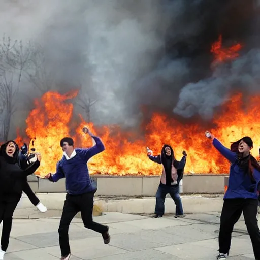 Image similar to a campus burning, the professor was on fire running in terror, the students are dancing around in joy, journalism photo, realistic