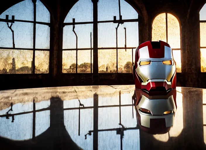 Image similar to a reflective steel engineering mask of ironman at in a table, medieval themed castle in golden afternoon light, professional photography