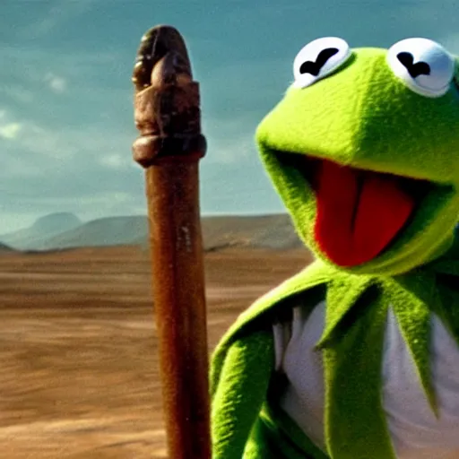 Image similar to kermit the frog in a scene from mad max