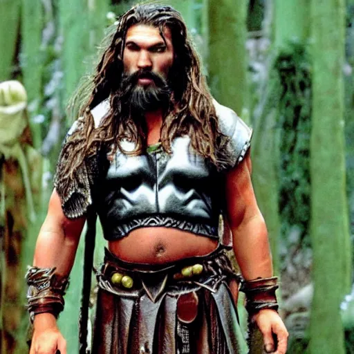 Image similar to Jason Mamoa as Willow the dwarf from the movie Willow
