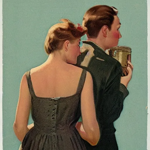 Image similar to “stunning, highly detailed portrait, very detailed, couple, from behind, from side, holding tin can, color vintage magazine illustration 1950”