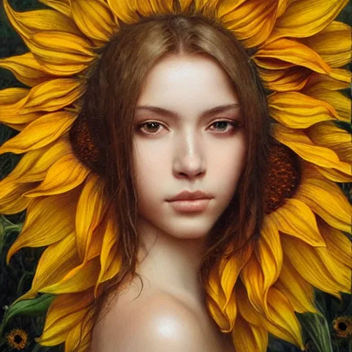 Image similar to a girl slowly walking through amazing tall sunflower field, hair flowing, early morning lighting, elegant, subtle, intricate details, face!, real masterpiece, oil on canvas, by karol bak, ayami kojima, artgerm, smile, concept art, fantasy