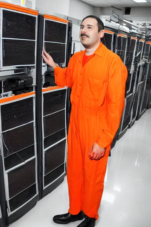 Image similar to extremely arrest photo of the programmer who killed the middle manager who bought an ibm mainframe and actually thought that was a good idea. high contrast color, orange jumpsuit, absolutely no regrets, smile on his face