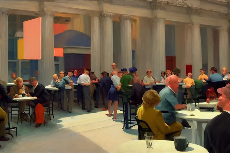 Image similar to bears screaming on the floor of the NYSE as the markets rally to all-time-highs, painting by Edward Hopper, 3D rendering by Beeple, lead guitar by Betty White