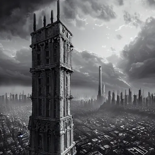 Prompt: an ultra detailed black and white matte painting of a lonely and impossibly tall ominous dark tower elevated high above the city, on an isolated plateau island in a river elevated high above the city fortress tower, fantasy capital city, ultrawide lense, aerial photography, volumetric lighting, exquisite detail, 8 k, art by artgerm and greg rutkowski and alphonse mucha