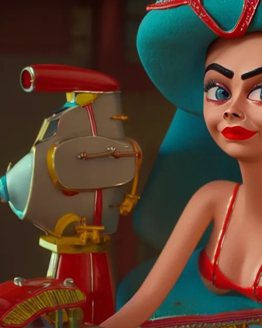 Image similar to highly detailed closeup, face profile portrait of a tin toy retro 1 9 5 0 s cara delevingne, bikini, unreal engine, max fleischer, global illumination, detailed and intricate environment