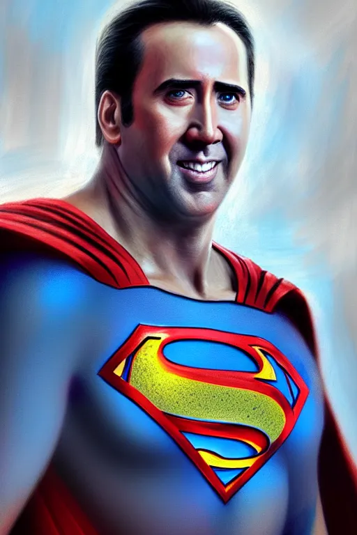 Prompt: portrait of nicolas cage as superman looking away from the camera, intricate, extremely detailed digital painting by greg rutkowski, artstation