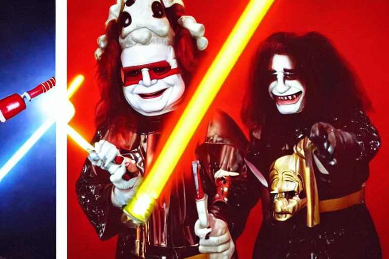 Image similar to ozzy osbourne fighting ronald mcdonald in a lightsaber duel