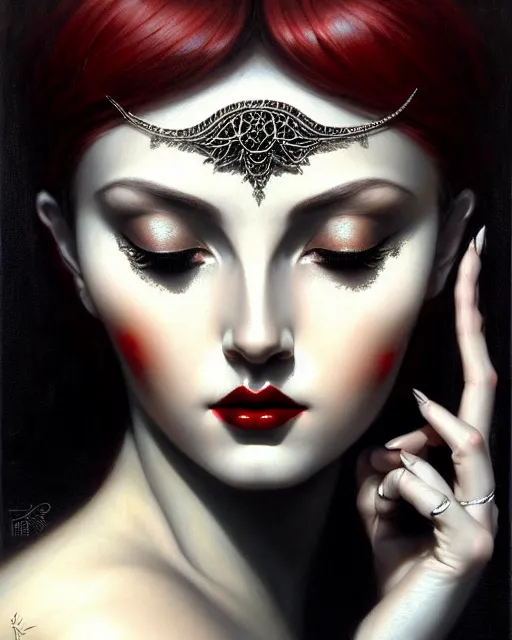 Prompt: portrait of a beautiful goddess, enigmatic beauty, dominant shades of black, silver, dark red, white, head in focus, fantasy art, ornamental aesthetics, intricate, elegant, highly detailed, hyperrealistic, artstation, concept art, soft illumination, painterly, sharp focus, by karol bak