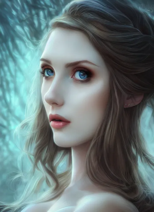 Image similar to of dark fantasy, young beautiful Amouranth, close up face portrait, medium shot, intricate, elegant, ethereal dreamy light, highly detailed, concept art, smooth, sharp focus, illustration, art by Nicola Samuri