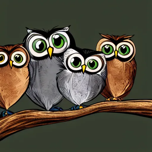 Prompt: gathering of feathered owls looking with big eyes in graphic design style