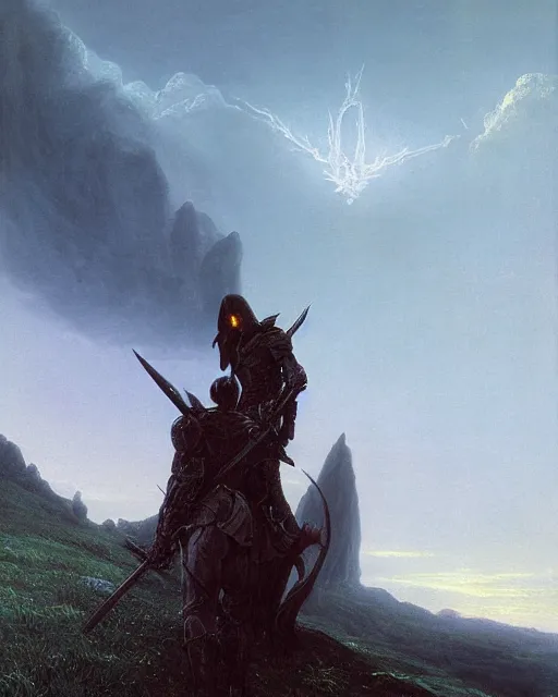 Image similar to the death knight, standing on a hill, by Thomas Cole and Wayne Barlowe