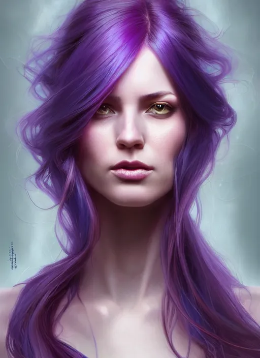 Image similar to Portrait of a woman with bright colored flying hair, all shades of purple. Hair coloring, amber eyes, face, long hair, fantasy, intricate, elegant, highly detailed, digital painting, artstation, concept art, smooth, sharp focus, illustration, art by artgerm and greg rutkowski and alphonse mucha