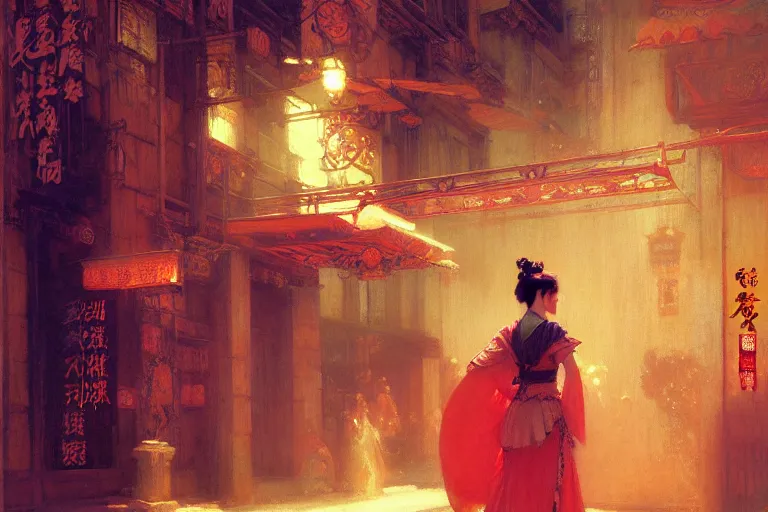 Image similar to wuxia, summer, neon light, painting by gaston bussiere, craig mullins, j. c. leyendecker