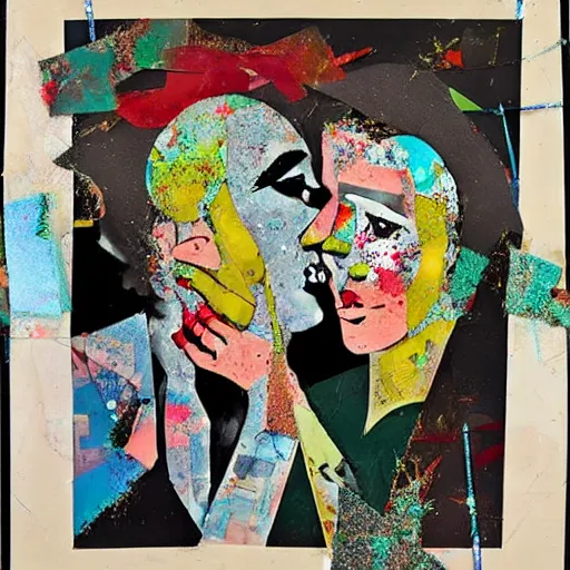 Image similar to two women kissing at a carnival, mixed media collage, futuristic, paper collage, magazine collage, acrylic paint splatters, bauhaus, claymation, layered paper art, sapphic visual poetry expressing the utmost of desires by jackson pollock