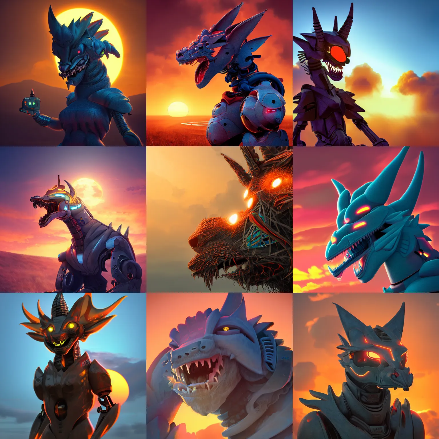 Prompt: furry art, profile picture of a terrifying robotic anthro dragon, grinning, sunset in background, commission on furaffinity, cgsociety, octane render, vibrant colors