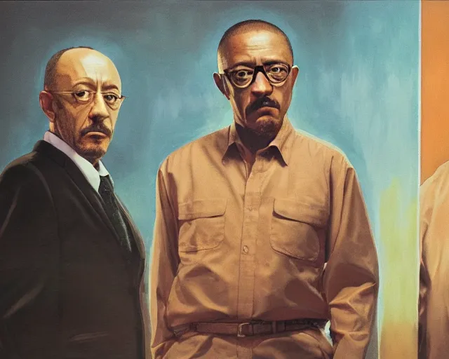 Image similar to jonathan banks as mike ehrmantraut and giancarlo esposito as gustavo fring from breaking bad, cinematic lighting, oil painting portrait