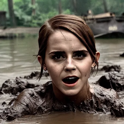 Image similar to film still, close up, emma watson rising out of muddy vietnam river, face covered in mud, low camera angle at water level, night time, film still from apocalypse now ( 1 9 7 9 ), 2 6 mm