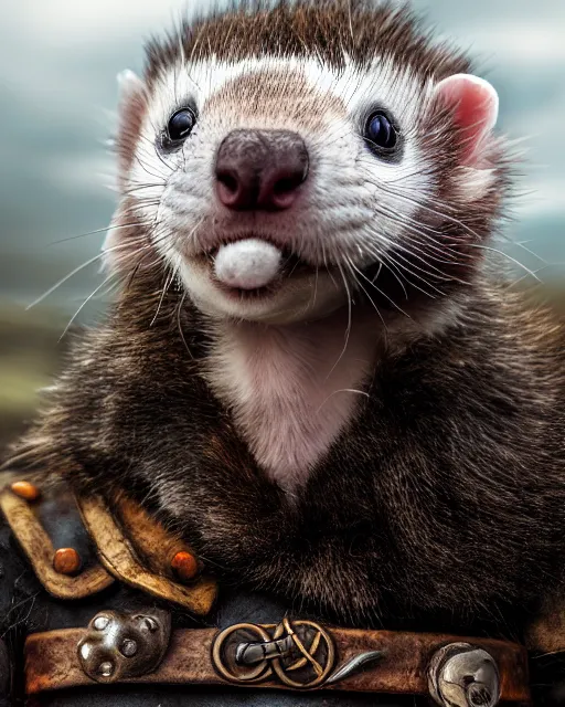 Image similar to ferret warrior, furry, fantasy, viking, high detailed, photography, cloudy, lightweight leather armour, scandinavia, plain, detailed face, look into the distance, serious face, full body, in full growth, professional photographer, masterpiece, 5 0 mm, extremely detailed, digital art 8 k