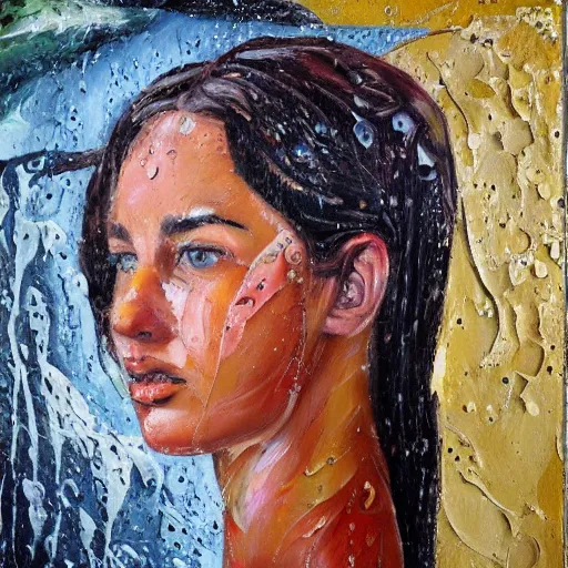 Image similar to oil paint impasto reliefs of beautiful girl in the pouring rain