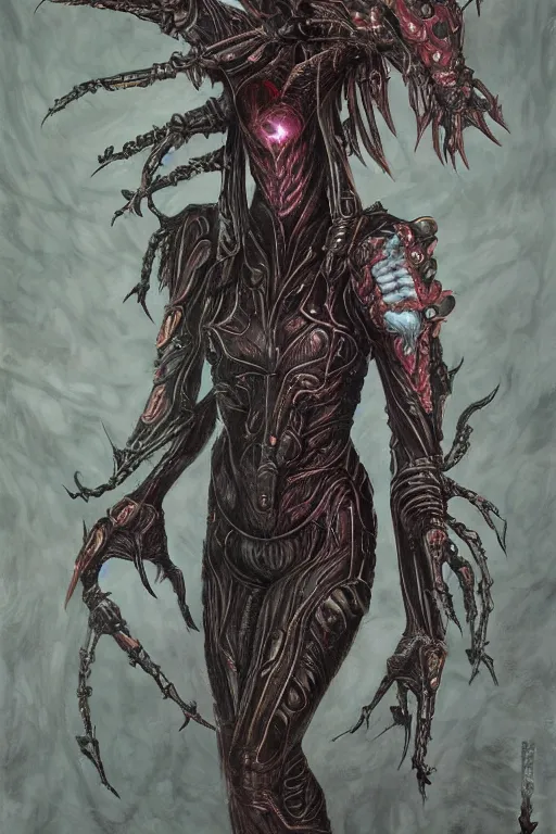 Image similar to portrait of samus metroid by hr giger and wayne barlowe as a diablo, dark souls, bloodborne monster, veiled necromancer lich bride