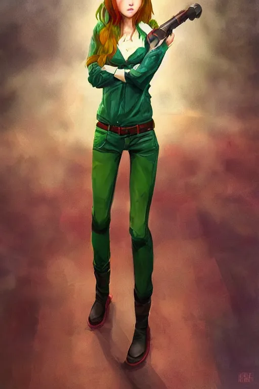 Prompt: beautiful cute red haired joyful and playful nineteen year old girl standing up in casual green clothing, long hair, modern city, rpg character, sci - fi, fantasy, intricate, elegant, digital painting, artstation, concept art, smooth, 8 k frostbite 3 engine, ultra detailed, art by artgerm and greg rutkowski and magali villeneuve