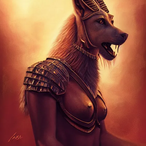 Image similar to Majestic gracious Anubis female warrior portrait, menacing, atmospheric lighting, painted, intricate, volumetric lighting, beautiful, rich deep colours masterpiece, golden hour, sharp focus, ultra detailed, by Leesha Hannigan, Ross Tran, Thierry Doizon, Kai Carpenter, Ignacio Fernández Ríos