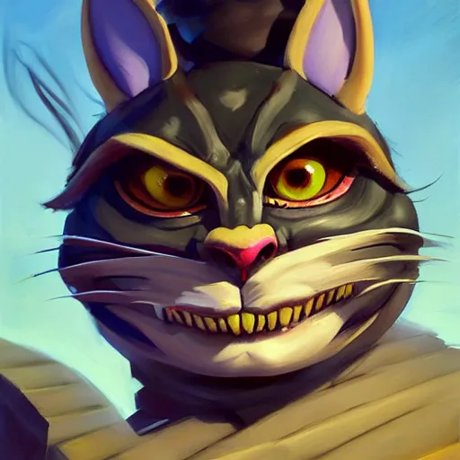 Image similar to greg manchess portrait painting of partially armored cheshire cat from alice in wonderland as overwatch character, medium shot, asymmetrical, profile picture, organic painting, sunny day, matte painting, bold shapes, hard edges, street art, trending on artstation, by huang guangjian, gil elvgren, ruan jia, randy vargas, greg rutkowski