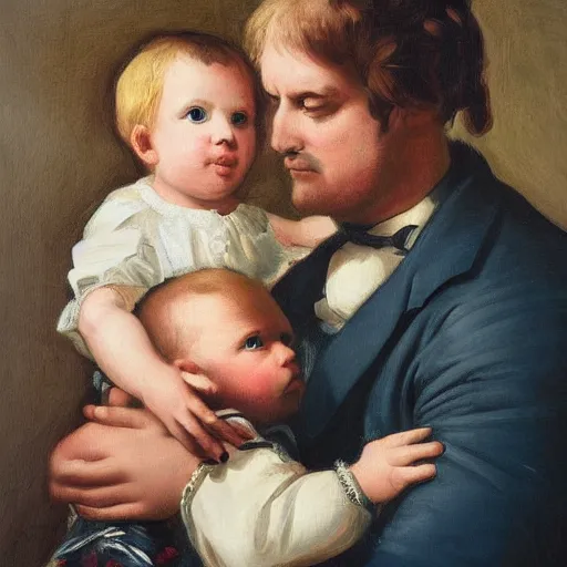 Prompt: maximalist illustrated portrait of a father with child. HD 8x