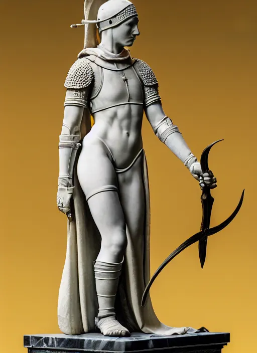 Image similar to a medieval female soldier, elegant, filigree renaissance sculpture from marble, brilliant symmetry, created by verrocchio andrea, leonardo da vinci, sandro botticelli, raffaelle monti, epic 7 0 mm lens shot, artstation trending, photorealism, sharp focus, smooth, establishing shot, sense of awe