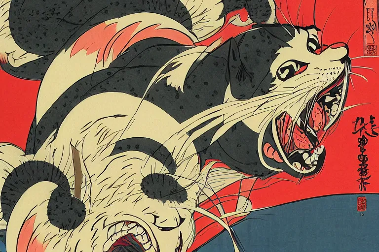 Image similar to cat attacking Tokyo, ukiyo-e print, masterpiece, masterwork, artstation