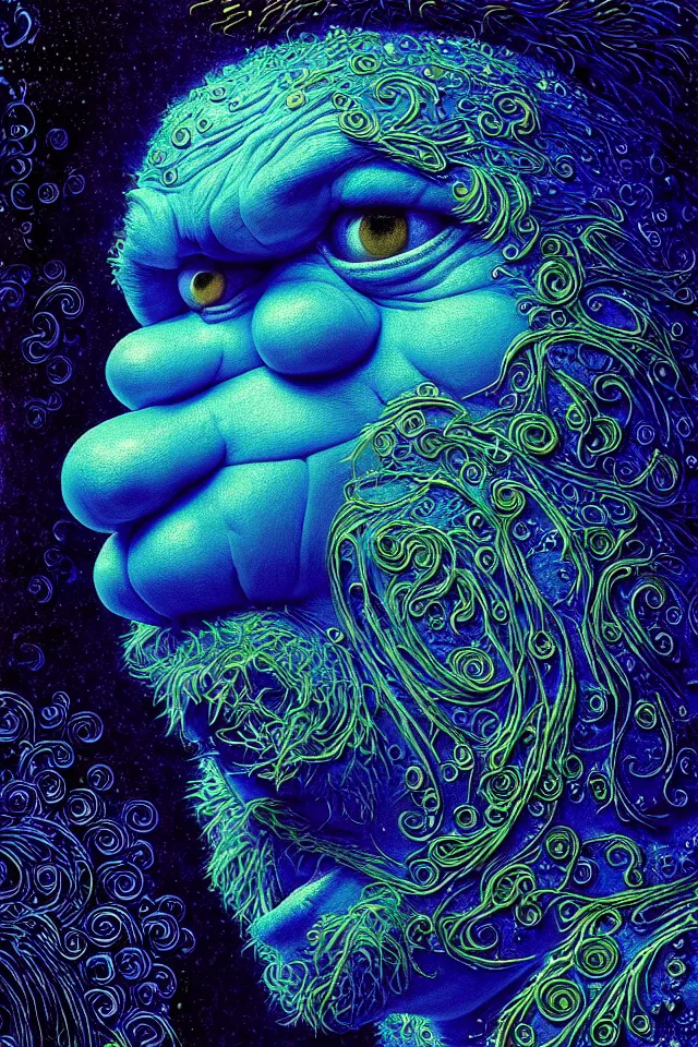 Image similar to bizarre blue blacklight detailed renaissance portrait of cookie monster as a highly detailed realistic real life person, dramatic cinematic lighting, 8 k, beautiful intricate painting by james r eads and tomasz alen kopera