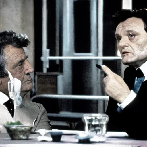 Prompt: Columbo Peter Falk interviewing Hannibal Lecter Anthony Hopkins, cinematic, movie still, Eastman 5384 film